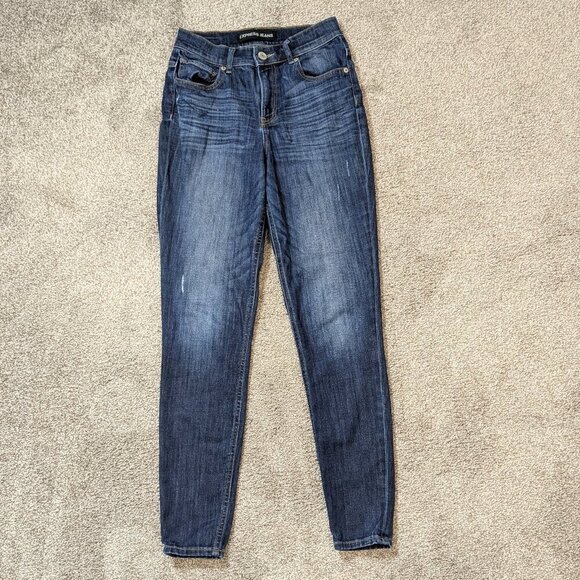 Express Denim - EXPRESS JEANS Dark Blue Distressed Denim High Rise Legging Jeans; Size 4R